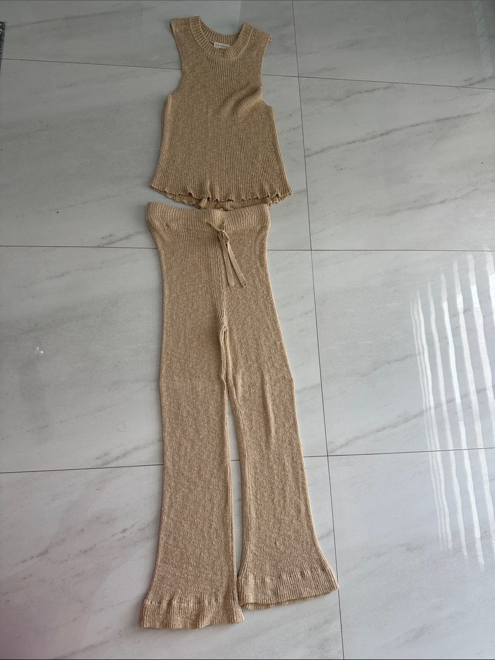 Knit Two-Piece Tank Top & Wide-Leg Pants Set — Beige